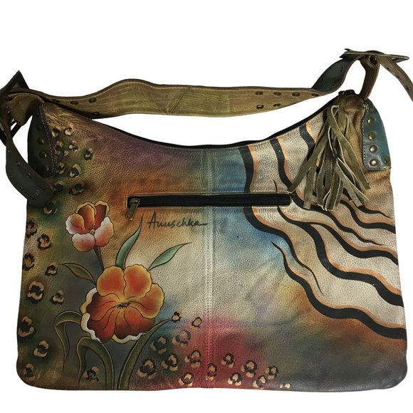 Anuschka  NEVER USED Handpainted Leather XL Shoulder Bag Hobo Butterfly - Picture 3 of 13